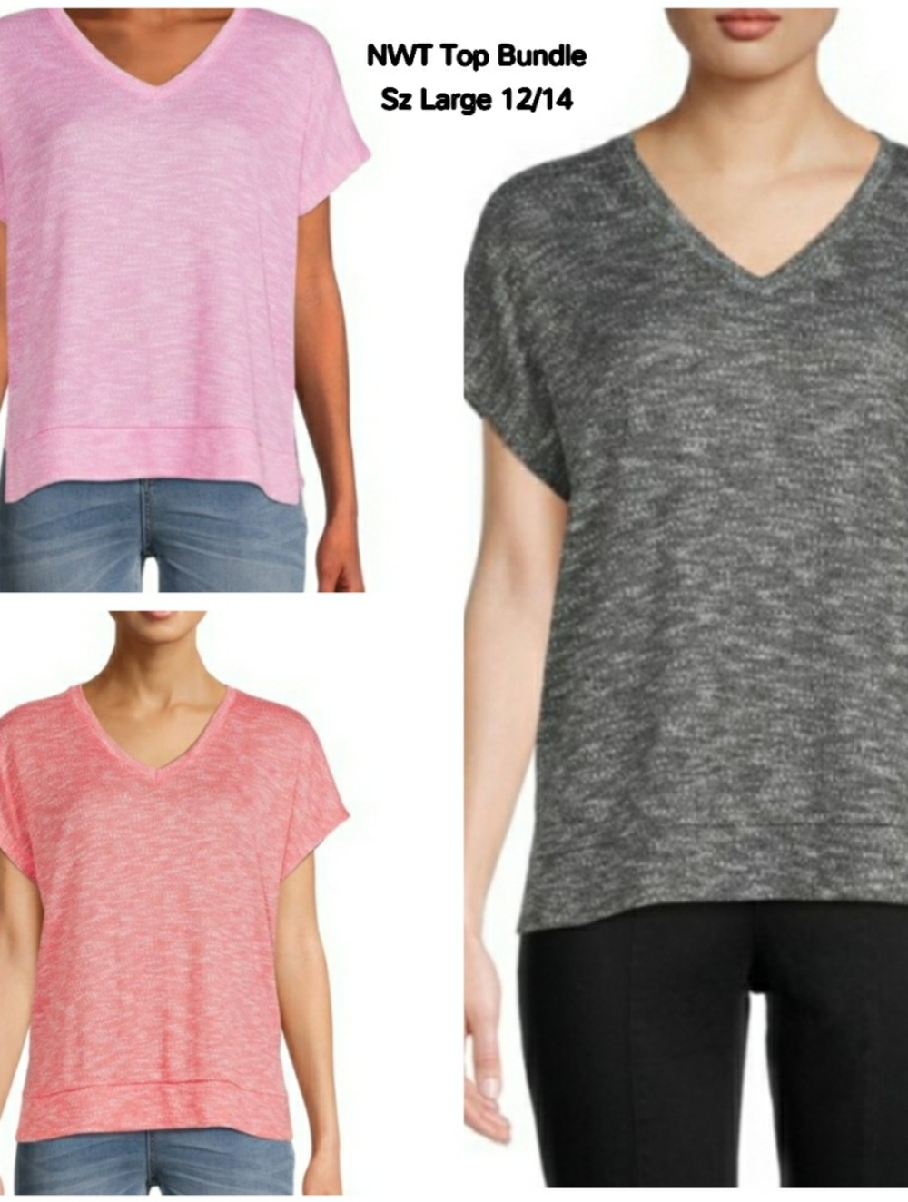 Time and Tru Coral Heather V-Neck Knit Top - 3-Pack